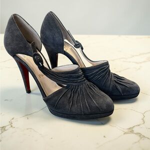 Christian Louboutin Black Suede Ruched T-Strap Pumps